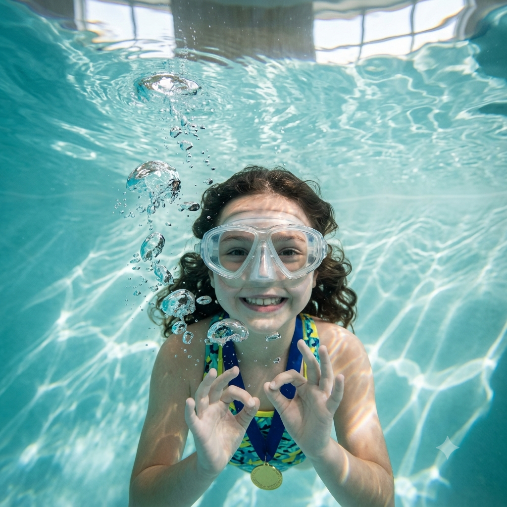 A swimmer smiling underwater